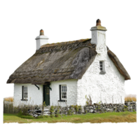 Charming Whitewashed Thatched Cottage with Stone Wall and Green Door png