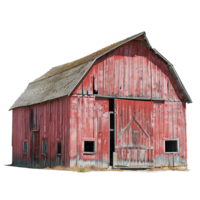 A weathered red barn stands in a field, showing the marks of time and seasons png