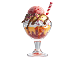Ice cream sundae with cherry, strawberry, and chocolate png