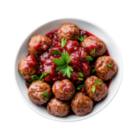 Delicious Swedish meatballs with cranberry sauce and parsley in a white bowl on a transparent background. Top view. png