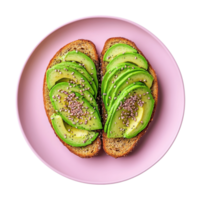 Overhead shot of avocado toast with sesame seeds on a pink plate. Healthy breakfast concept. png