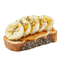 Toast with peanut butter, banana slices, honey and chia seeds on a transparent background. Healthy breakfast or snack. png