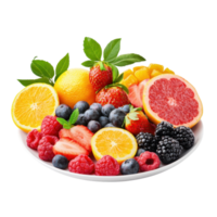 Assorted fresh fruits on a white plate against a transparent background. Includes strawberries, blueberries, raspberries, blackberries, oranges, lemon, grapefruit, and mango. png