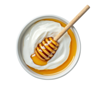 Overhead shot of yogurt with honey and a honey dipper on a transparent background. Healthy breakfast concept. png