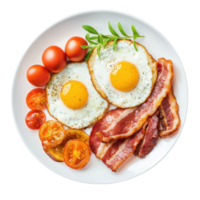 klassisch Frühstück mit gebraten Eier, Speck, und Tomaten auf ein Weiß Platte. oben Sicht. Konzept von gesund Essen und ausgewogen Diät. png