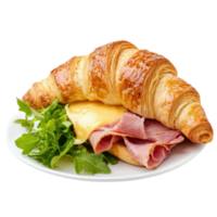 Croissant sandwich with ham, cheese, and arugula on a white plate against a transparent background. Delicious breakfast or lunch option. png