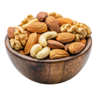 Wooden bowl filled with mixed nuts including almonds, cashews, walnuts, and hazelnuts on a transparent background. Healthy snack concept. png