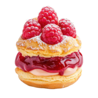 Delicious raspberry pastry with cream and jam on a transparent background. Sweet dessert concept. png
