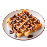 Two waffles on a plate, drizzled with chocolate sauce. Delicious dessert or breakfast. png
