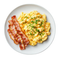 Overhead shot of scrambled eggs with bacon on a white plate against a transparent background. Concept of breakfast, brunch, and comfort food. png
