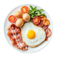 Classic breakfast with fried egg, bacon, tomatoes, and arugula on a white plate. Top view. Concept of healthy eating and balanced diet. png