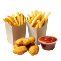 Chicken nuggets, french fries, and ketchup on a transparent background. Fast food concept. png