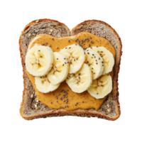 Peanut butter and banana toast with chia seeds on a transparent background. Healthy breakfast or snack. png