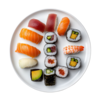 Overhead shot of a sushi platter with assorted nigiri and maki rolls on a white plate against a transparent background. png
