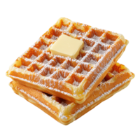 Stack of waffles with butter and powdered sugar on a transparent background. Concept of breakfast, dessert, and comfort food. png
