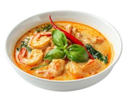 A bowl of curry with shrimp and spinach png