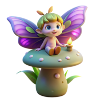 serene artistic A mischievous forest sprite with iridescent butterfly wings, perched on a giant glowing mushroom, surrounded by fireflies. Soft, diffused lighting. Dreamlike, whimsical style exclusive png
