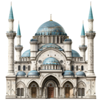 Magnificent Architectural Design of a Grand Mosque with Multiple Domes Minarets png