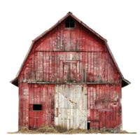 Rustic Red Barn with Weathered Wood and Hay in Front png