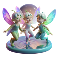 stunning modern A group of playful pixies dancing around a moonlit pond, their wings shimmering with rainbow hues. Soft, ethereal lighting. Impressionistic style authentic png