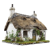 Charming ThatchedRoof Cottage with Whitewashed Walls and Abundant Greenery png