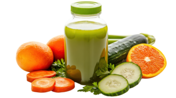 A bottle of juice with vegetables and oranges png