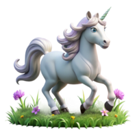 elegant modern A majestic unicorn with a silver horn and flowing mane, galloping across a field of wildflowers. Bright, sunny lighting. Romantic, fairytale style genuine png