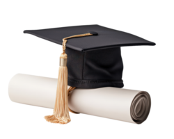 A graduation cap and diploma on a roll of paper png