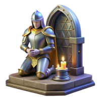 serene traditional A stoic knight in shining armor, kneeling before a mystical altar. Soft, glowing lighting. Medieval, heroic style high resolution png