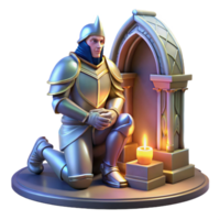 stunning vintage A stoic knight in shining armor, kneeling before a mystical altar. Soft, glowing lighting. Medieval, heroic style premium png