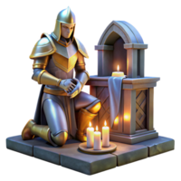 magnificent modern A stoic knight in shining armor, kneeling before a mystical altar. Soft, glowing lighting. Medieval, heroic style professional png