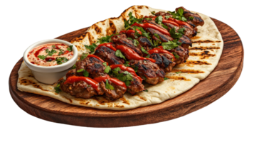 A plate with meat skewers and sauce on it png