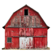 A weathered red barn stands tall against a pale sky, showcasing its rustic charm and the passage of time png