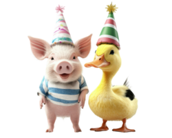 Two pigs wearing party hats and a duck wearing a birthday hat png