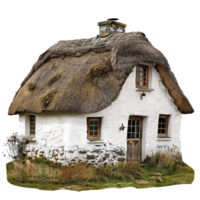 Charming ThatchedRoof Cottage in Rural Setting with Stone Walls and Small Windows png