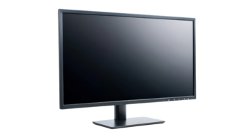 A black monitor on a stand with a black background png