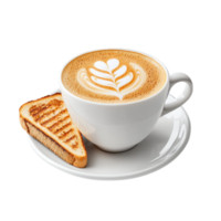 Latte art coffee with toast on a saucer against a transparent background. Concept of breakfast, coffee break, and cafe. png