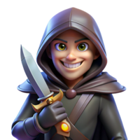 serene modern A cunning rogue with a hooded cloak and a mischievous grin, holding a gleaming dagger. Dramatic, chiaroscuro lighting. Dark fantasy, gritty style genuine png
