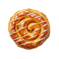 Delicious cinnamon roll with icing on a transparent background. Sweet pastry concept. png