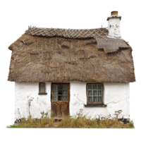 Charming Rustic Thatched Roof Cottage with Weathered White Walls png