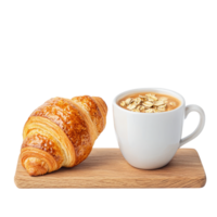Croissant and coffee with oats on a wooden board against a transparent background. Concept of breakfast, bakery, and healthy eating. png