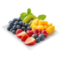 Fruit platter with strawberries, blueberries, raspberries, mango, and kiwi on a white plate. Healthy eating concept. png