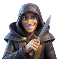 vibrant abstract A cunning rogue with a hooded cloak and a mischievous grin, holding a gleaming dagger. Dramatic, chiaroscuro lighting. Dark fantasy, gritty style original png