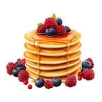 Stack of pancakes with maple syrup and berries on a transparent background. Delicious breakfast concept. png