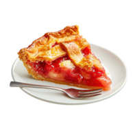 Slice of homemade cherry pie on a plate with a fork. Delicious dessert with a lattice crust. png