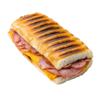 Grilled panini sandwich with ham and cheese on a transparent background. Delicious and appetizing fast food. png