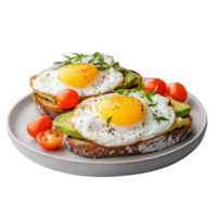 Avocado toast with fried eggs and cherry tomatoes on a plate. Healthy breakfast or brunch concept. png