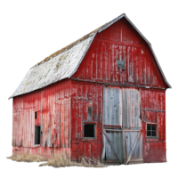 A weathered red barn stands in a field of tall grass, showing signs of age and decay png