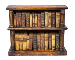 A bookcase with several books on it png
