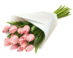 A bouquet of pink tulips is shown in a white paper bag png
